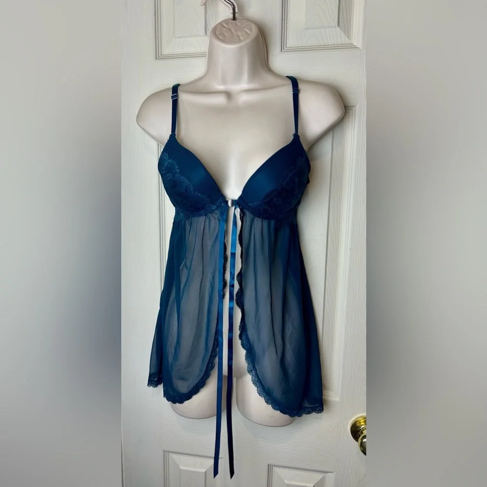 Fashion Nova Sheer Lace Babydoll Chemise in Teal Medium